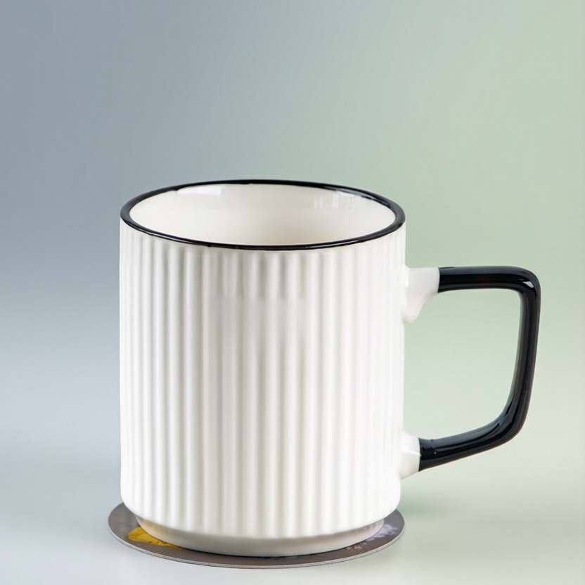 Black & White Vertical Ribbed Square Handle Ceramic Mug