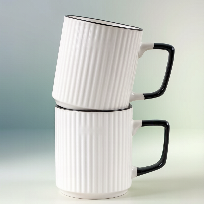 Black & White Vertical Ribbed Square Handle Ceramic Mug