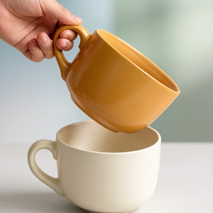 Stackable Large-Capacity Ceramic Mugs in Cream Yellow & Off-White