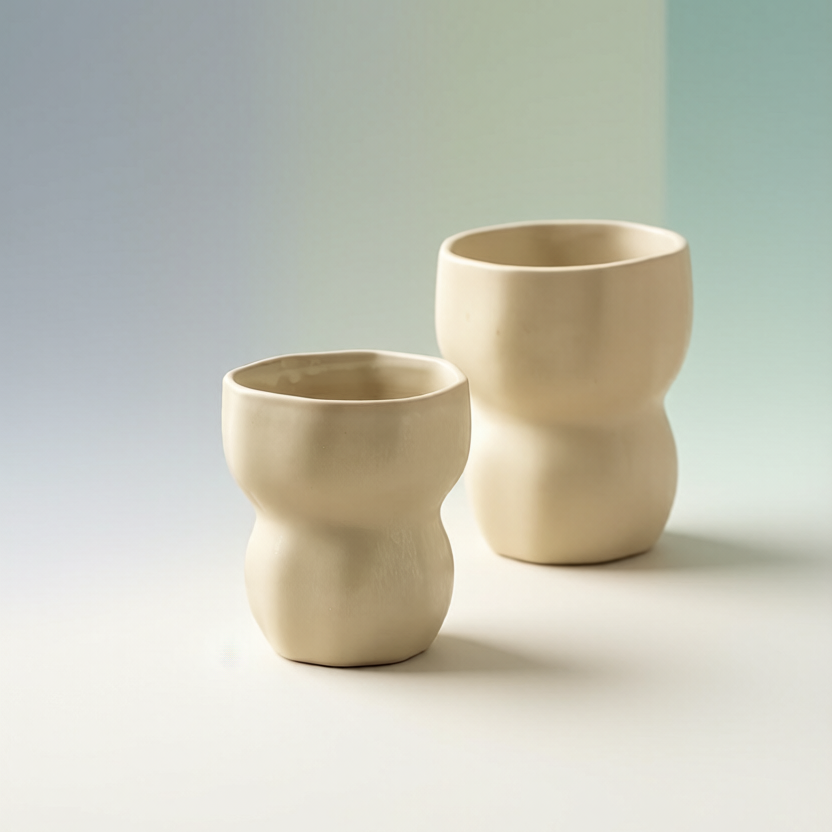 Handmade Gourd-Shaped Matte Cream Handleless Ceramic Cup