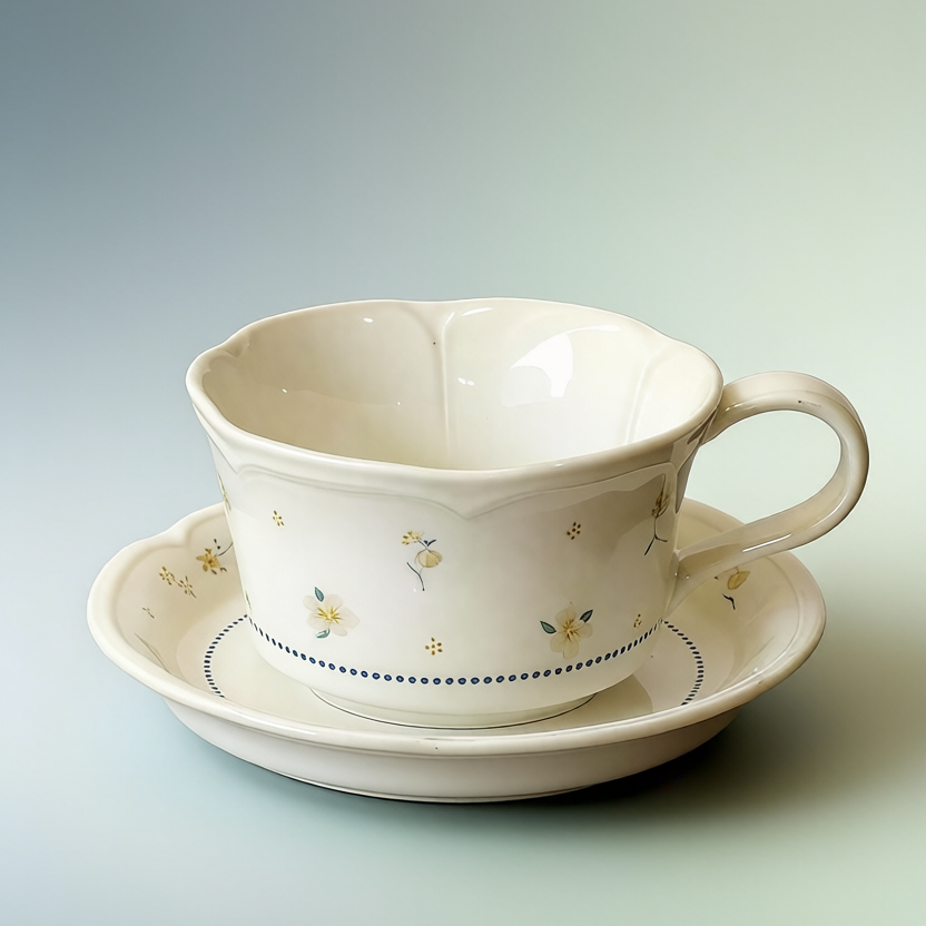 Cream Floral Scalloped Ceramic Cup & Saucer Set