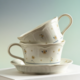 Cream Floral Scalloped Ceramic Cup & Saucer Set