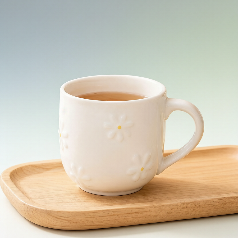 Cream Embossed Daisy Ceramic Mug