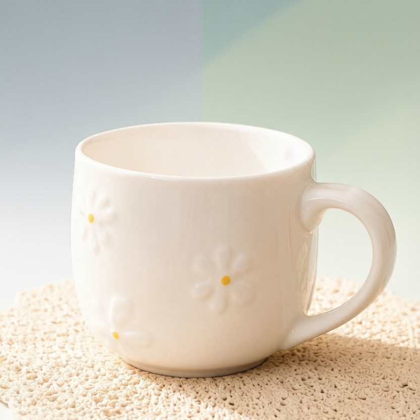 Cream Embossed Daisy Ceramic Mug