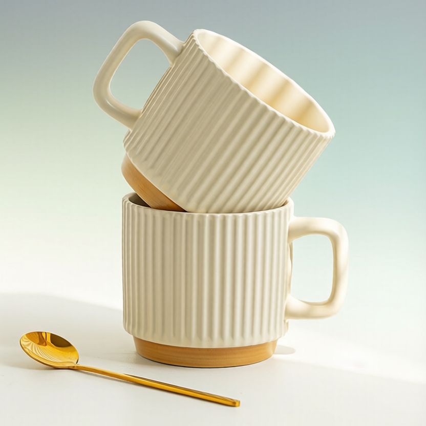Cream Vertical Stripe Two-Tone Ceramic Mug