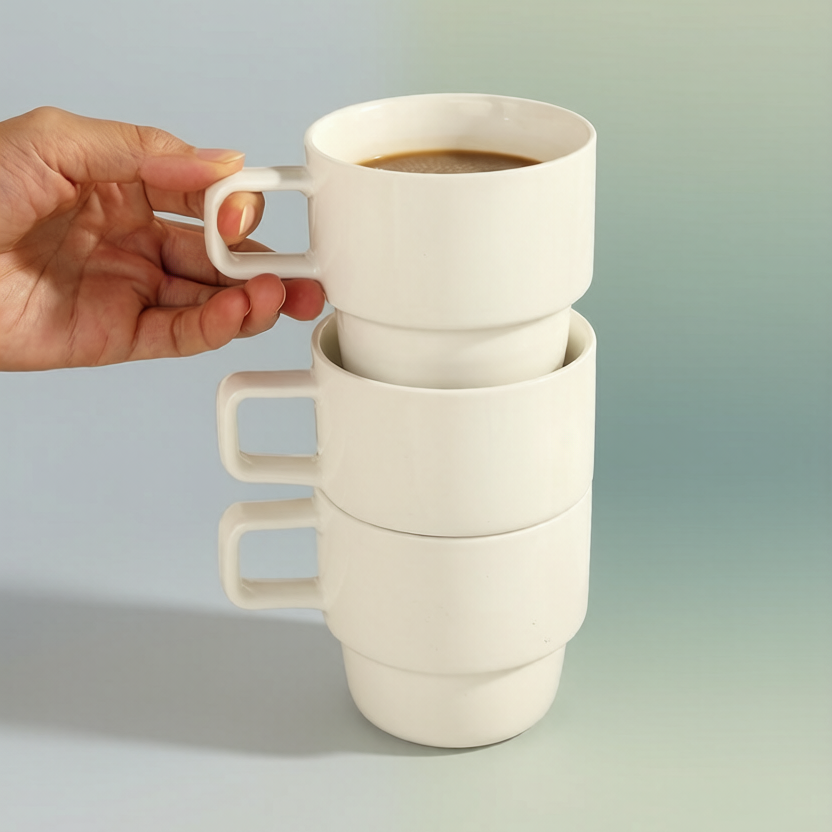 Pure White Layered Square Handle Stackable Ceramic Mug