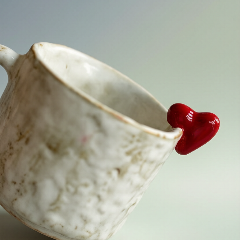 Handmade Distressed Ceramic Mug with 3D Red Hearts