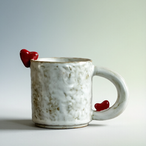 Handmade Distressed Ceramic Mug with 3D Red Hearts